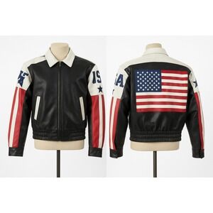 Vintage USA Flag Leather Jacket Men's Medium Black Red White Patriotic Biker